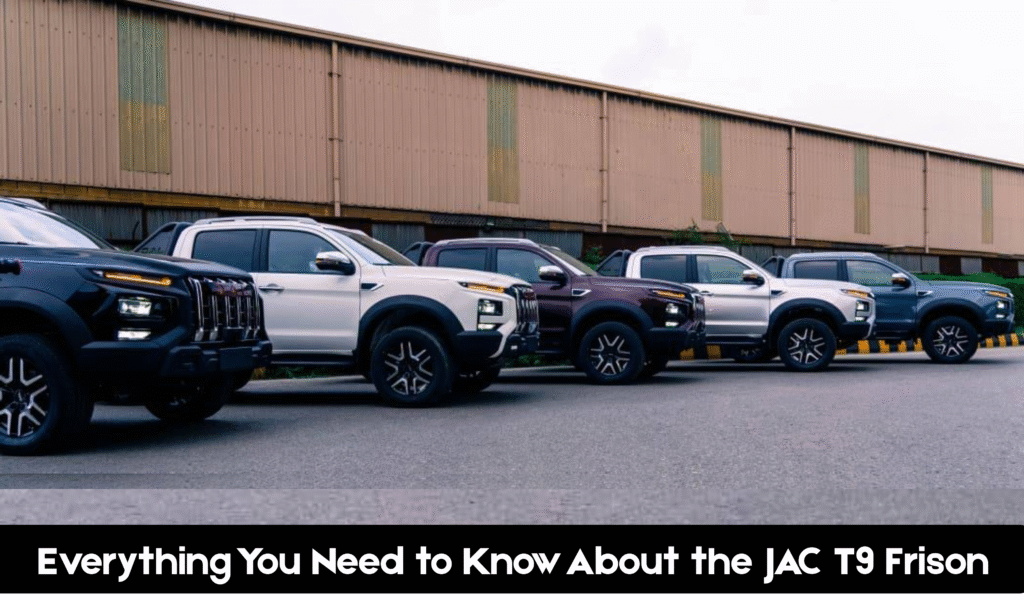 Front-three-quarter view of a JAC T9 Frison pickup — showing its bold grille, sleek headlights, 18-inch alloy wheels, and robust cargo bed. Clean urban backdrop.